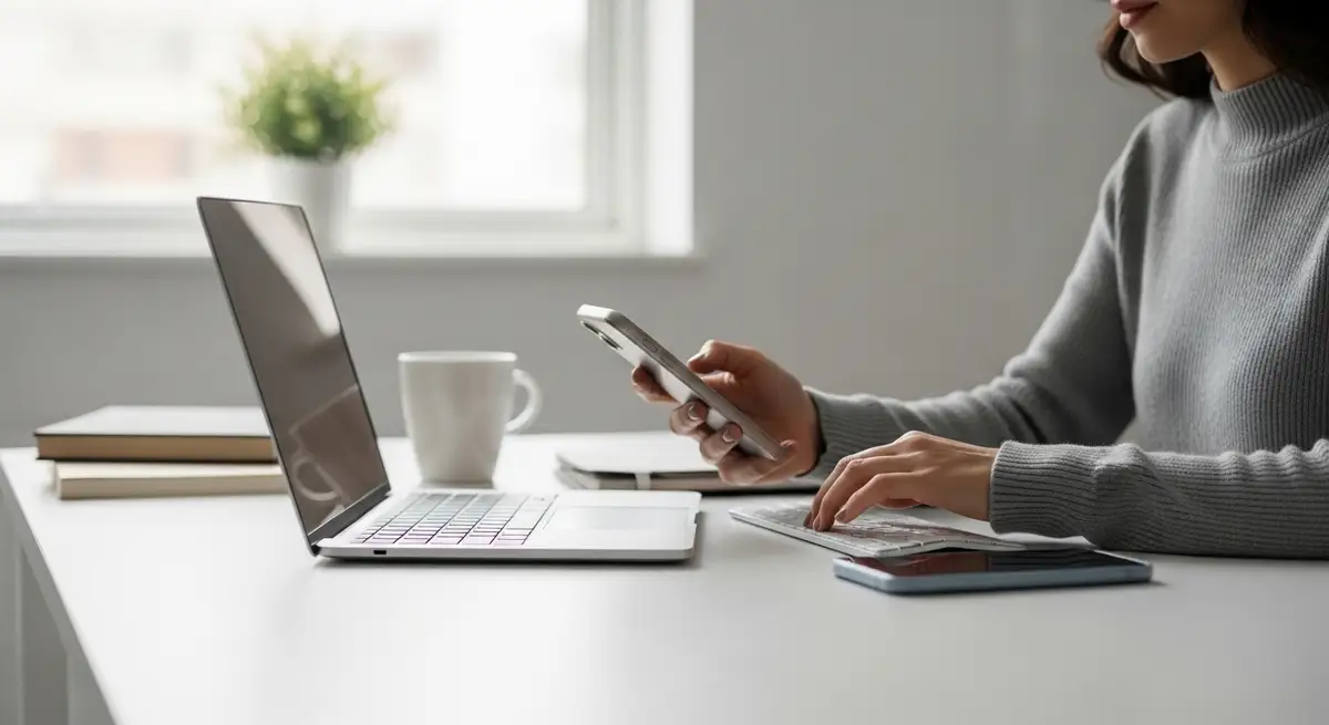 Person working with laptop in a bright clean workspace