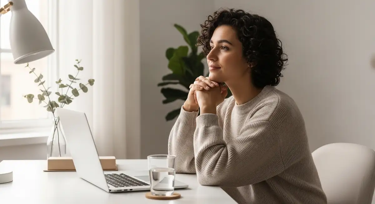 Person working calmly at a desk in a bright digital workspace