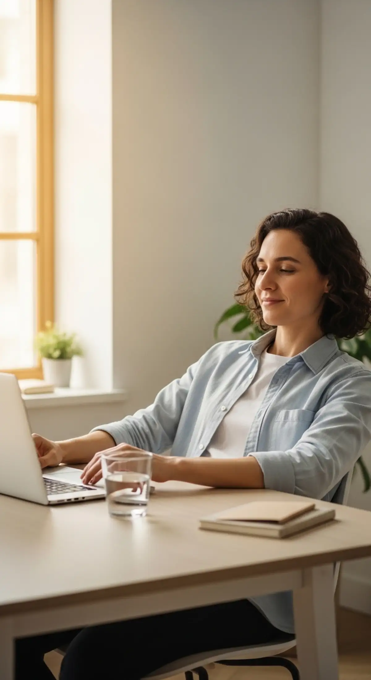 Person taking a calm pause in a clean bright workspace